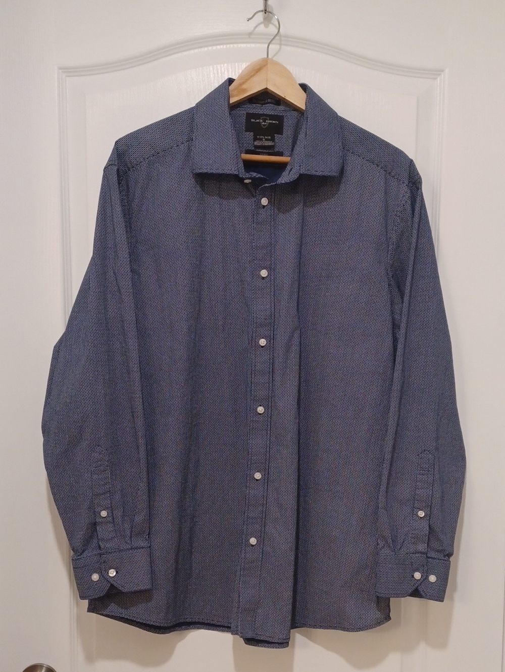 Men's Blue & White Patterned Long-Sleeve Dress Shirt - Black Brown 1826